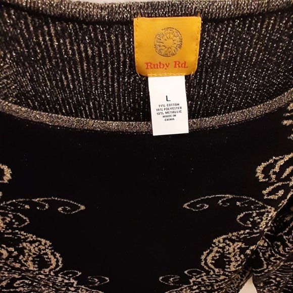 RUBY RD Sz L Black with Gold Filigree 3/4 Sleeve Tunic SWEATER, NWOT! - Picture 3 of 5